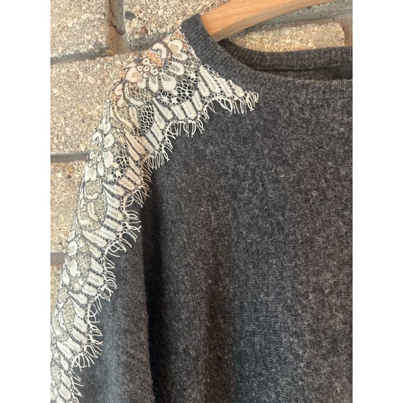 J.Crew Womens Medium Gray Sweater With White Lace Floral Sleeves - Picture 3 of 5